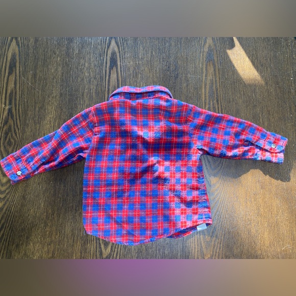Vintage Osh Kosh Red Blue Plaid Flannel Button Down Shirt Winter Size 12 Month - Picture 7 of 8